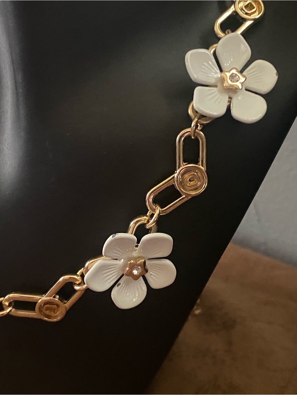 Gold and with White Daisy Charm Necklace and Stainless Steele Gold Braid Chain - Picture 4 of 10